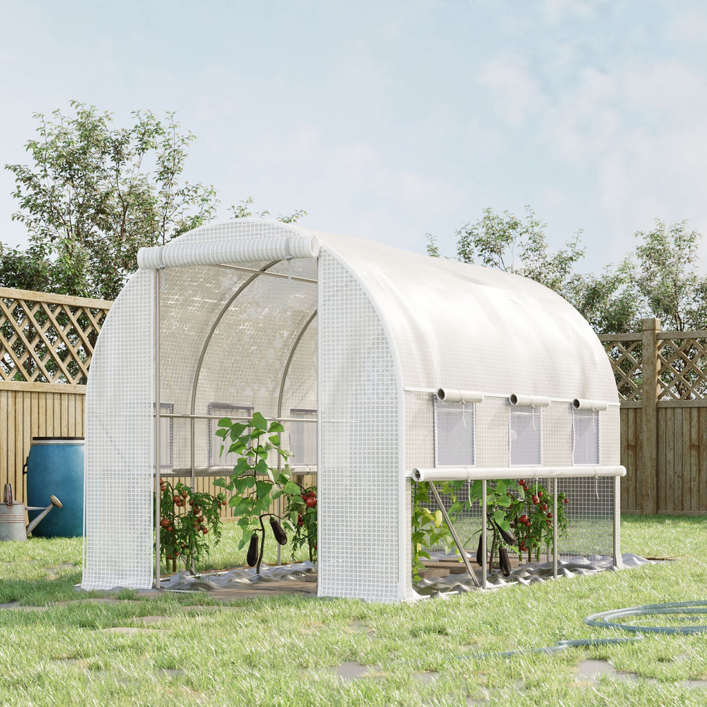 Serre de jardin tunnel serre tunnel 6 m² avec 6 fenêtres porte enroulable toile PE structure en acier galvanisé blanc-1