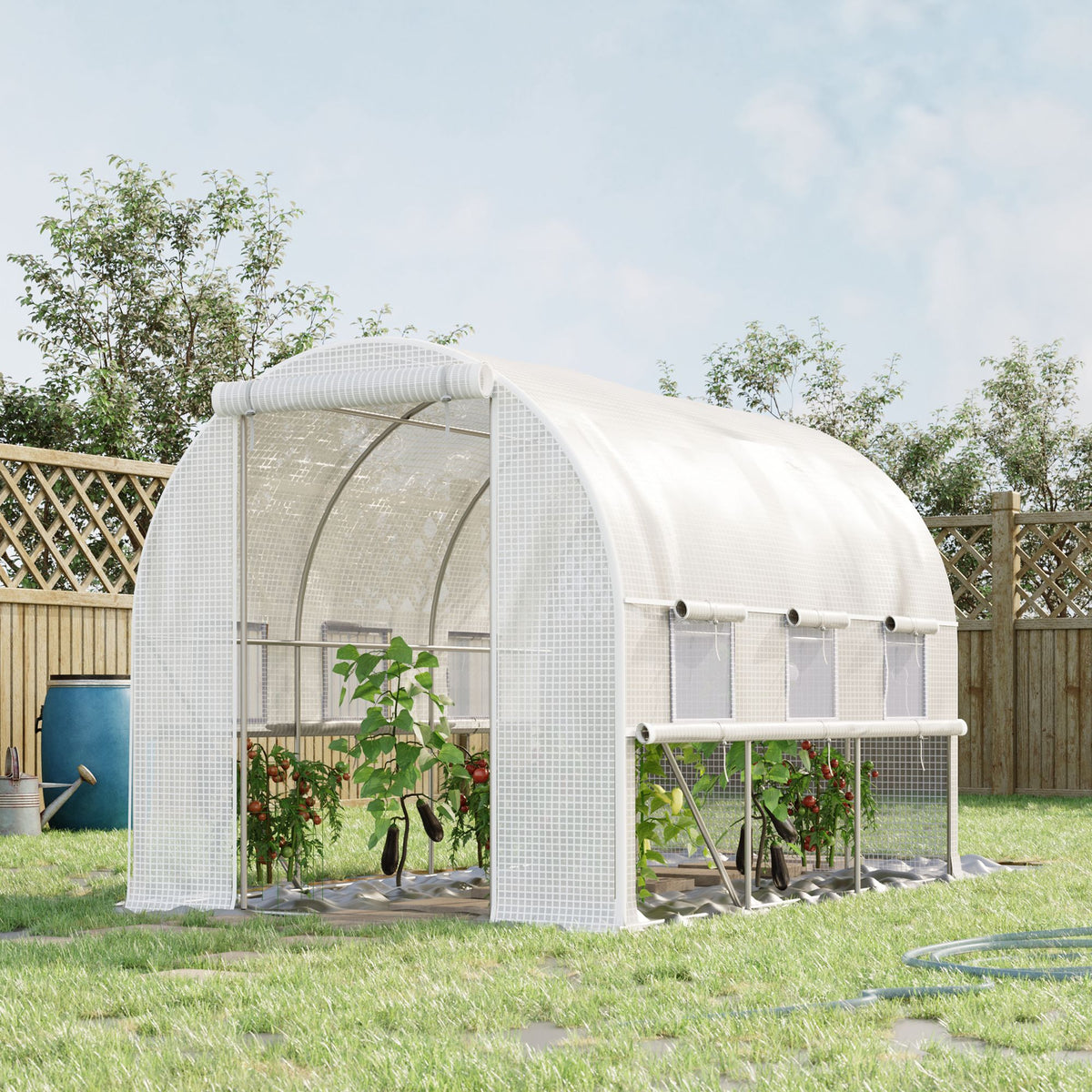 Serre de jardin tunnel serre tunnel 6 m² avec 6 fenêtres porte enroulable toile PE structure en acier galvanisé blanc-1