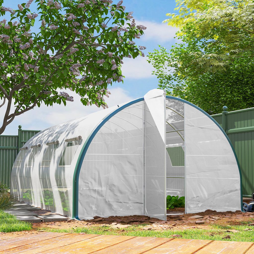 Serre tunnel de jardin 18m², serre de jardin tunnel avec portes et 8 fenêtres, bâche PE 140g/m² 600 x 300 x 200 cm blanc-9