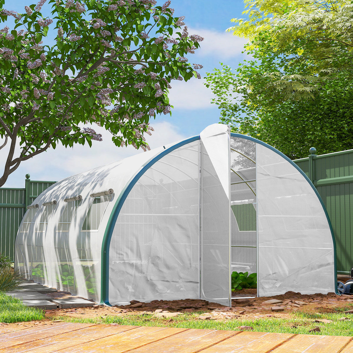 Serre tunnel de jardin 18m², serre de jardin tunnel avec portes et 8 fenêtres, bâche PE 140g/m² 600 x 300 x 200 cm blanc-9