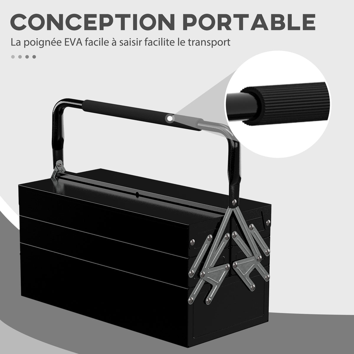 Boite à outils métallique - coffret à outils - caisse à outils 3 niveaux 5 plateaux rétractables - tôle acier noir-3