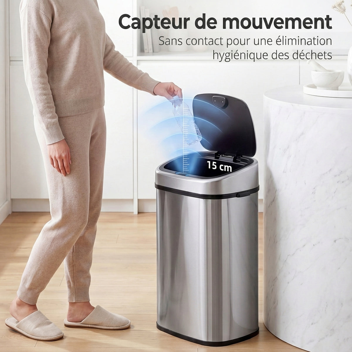 Poubelle de Cuisine Automatique 58L en Acier Inoxydable, Mouvement Sans Contact ou Ouverture Manuelle, Argent-3
