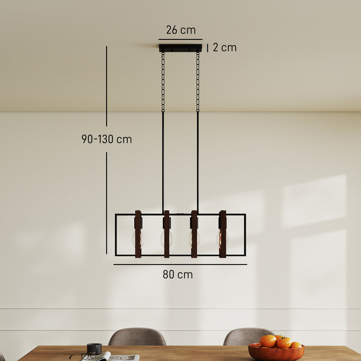 Suspension luminaire moderne, lustre plafonnier avec 4 cadres rotatifs et hauteur réglable, 80 x 21 x 90-130 cm, noyer-2