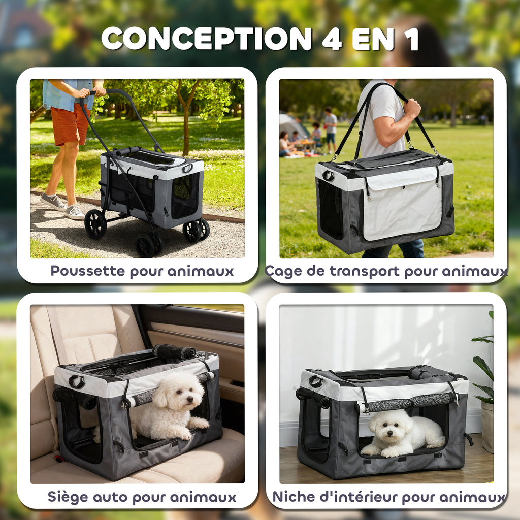 Poussette pliable animaux chien chat nacelle amovible bandoulières 4 roues 81 x 58 x 97,5 cm gris-4