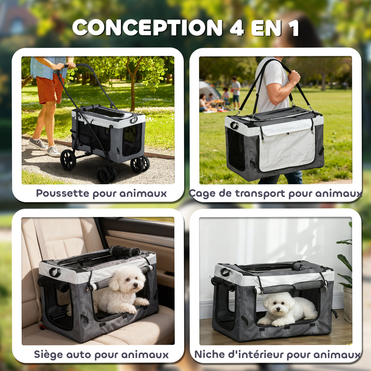 Poussette pliable animaux chien chat nacelle amovible bandoulières 4 roues 81 x 58 x 97,5 cm gris-4