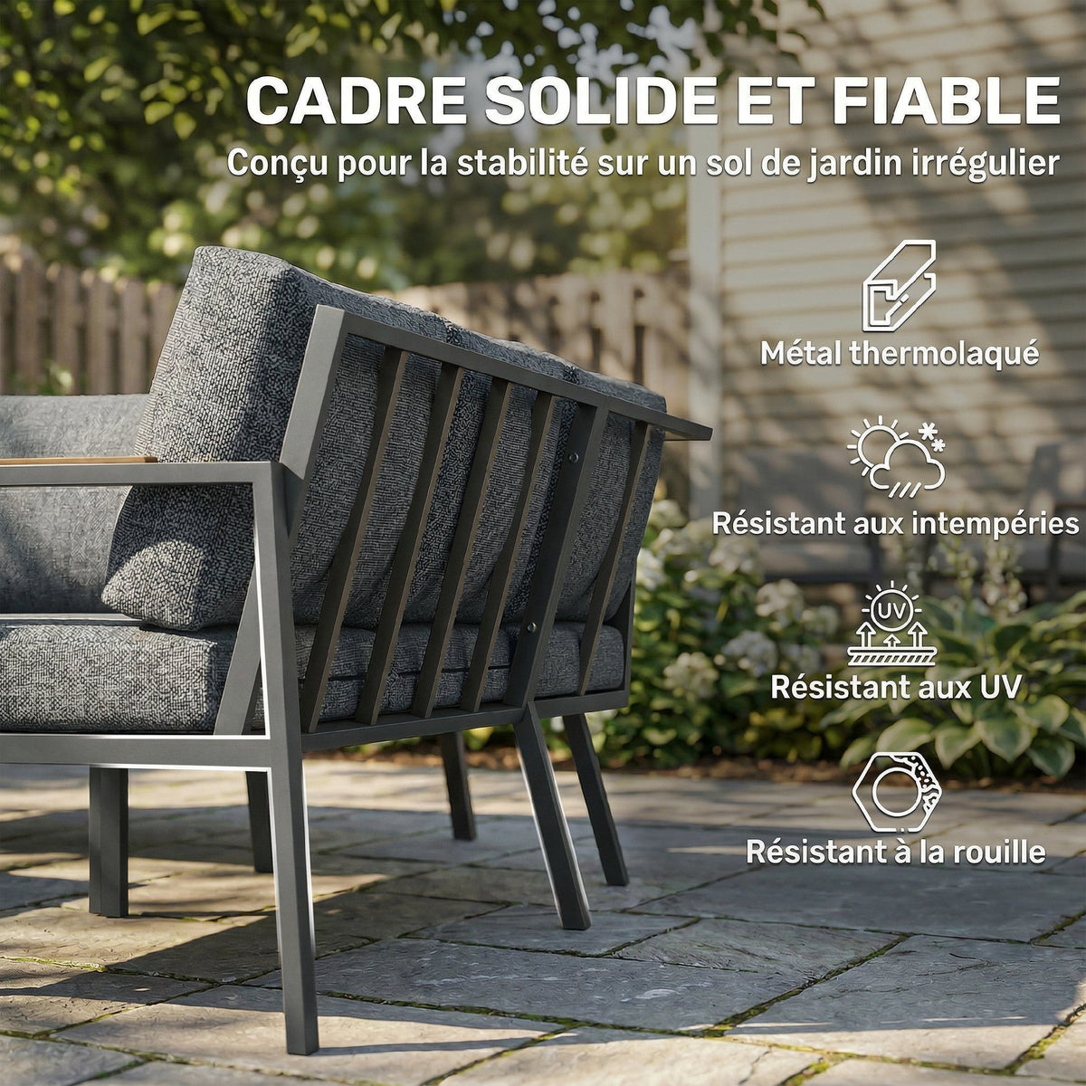 Salon de Jardin Extérieur 3 Pièces 5 Personnes, 2 Canapés avec Coussins Épais, 1 Table Basse, 183x183x72cm, Gris Foncé-6