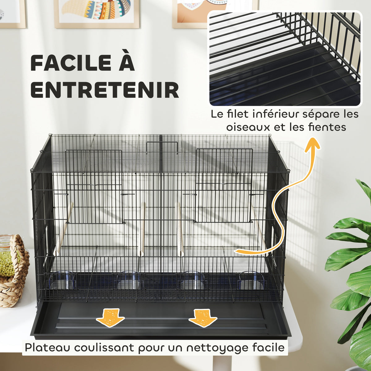 Cage à oiseaux volière intérieur acier avec séparateur 4 perchoirs plateau coulissant 4 mangeoires 76 x 46 x 46 cm noir-6