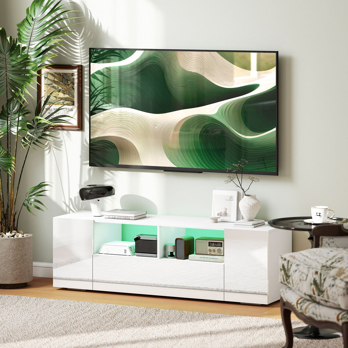 Meuble TV, banc TV, meuble de télévision, jusqu'à 60 pouces, avec lumières LED, 2 étagères et placards, panneau de porte brillant, 137 x 35 x 42 cm, blanc-9