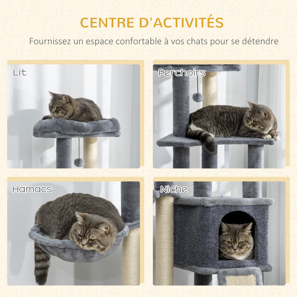 Arbre à chat centre d'activités multi-équipé griffoirs grattoir jeu boule suspendue niche plateformes gris-3