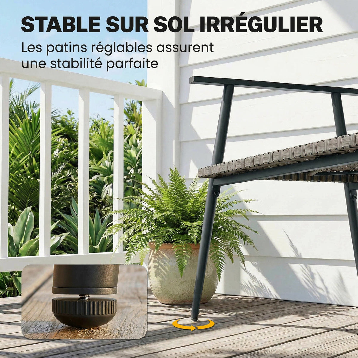 Banc de Jardin 2 places en Résine Tressée et Acier, avec Accoudoirs, Dossiers et Pieds Réglables, 110x58x78cm, Gris-3