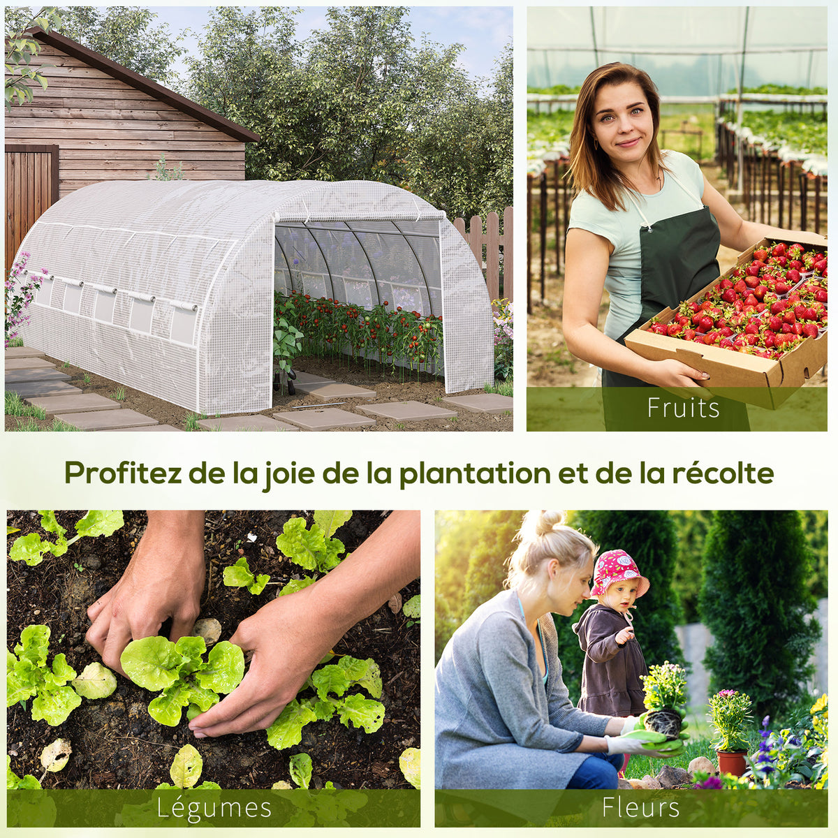 Serre de jardin 18 m² 6L x 3l x 2H m avec porte + parois latérales zippées enroulables, 12 fenêtres, acier PE-5