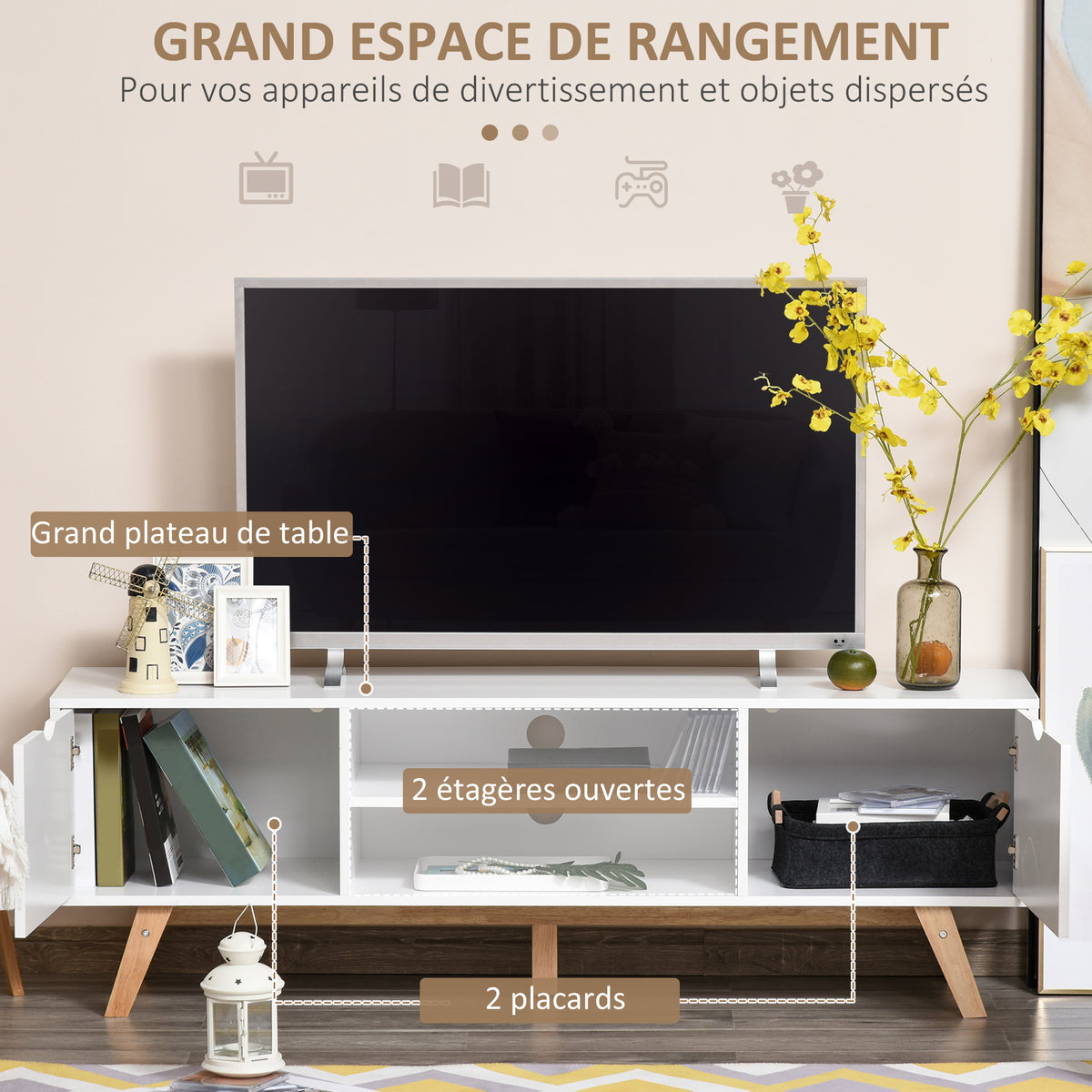 Meuble TV Banc TV sur Pied Moderne Scandinave 2 Portes 2 niches en Bois Blanc 150L x 39l x 50H cm-4