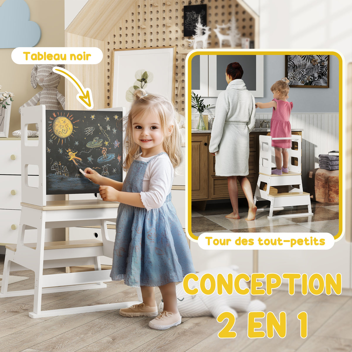 Tour d'observation enfant tour d'apprentissage structure trapézoïdale tableau noir 55 x 52,5 x 87,5 cm blanc-4