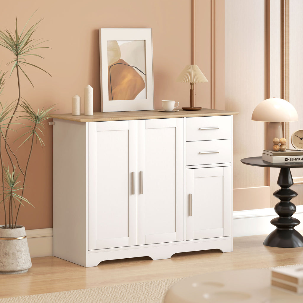 Buffet salon, meuble de rangement avec 2 tiroirs, 3 portes et étagère réglable, 100 x 40 x 78 cm, blanc et bois naturel-9
