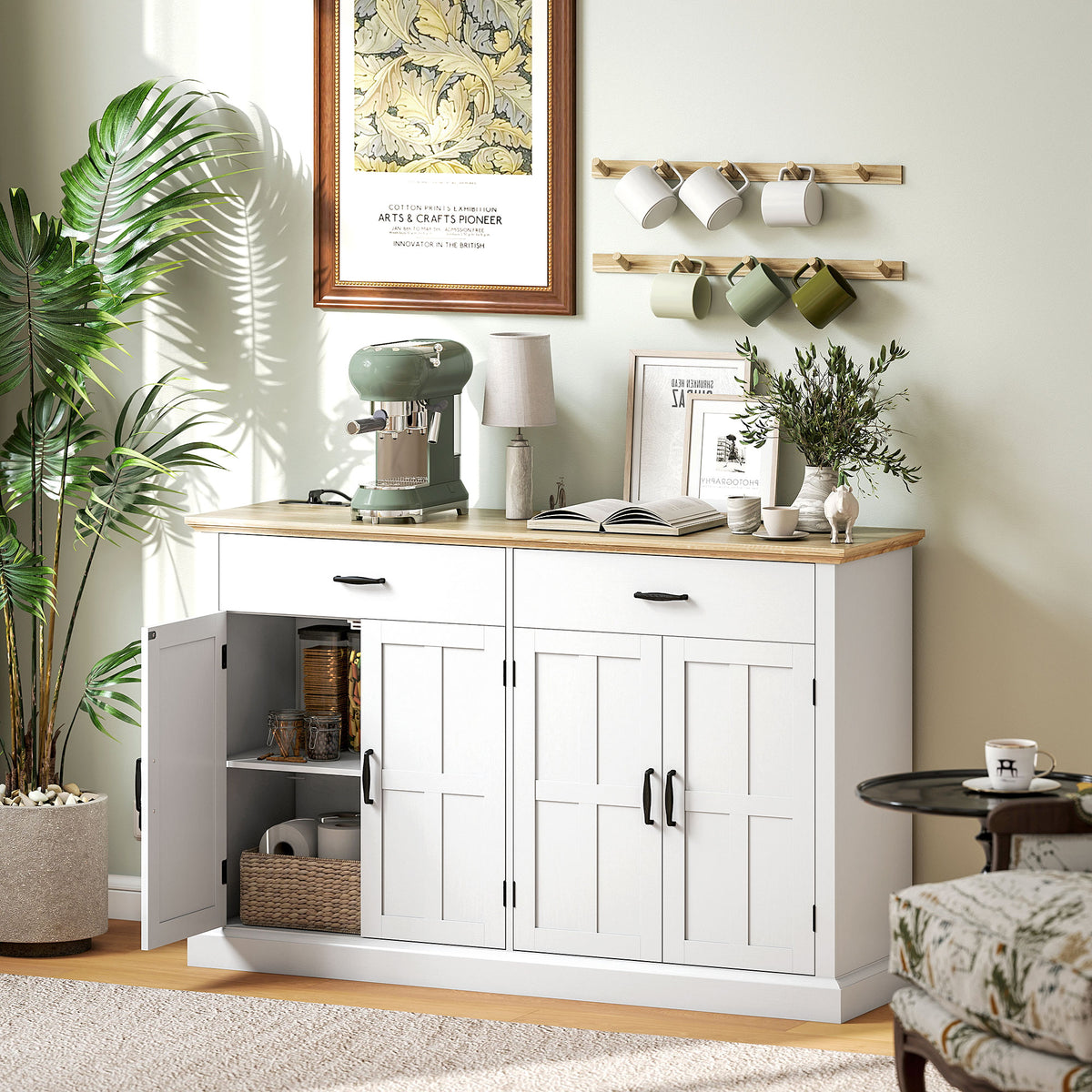 Buffet avec port USB et multiprise meuble TV avec 2 placards à portes de grange, 2 tiroirs et étagères réglables, blanc-1