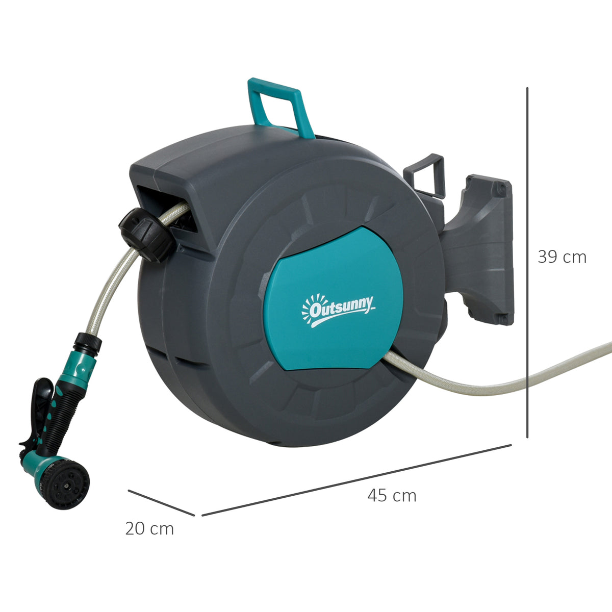 Enrouleur tuyau arrosage automatique pivotant 180° Tuyau 15 + 1,4 m avec Lance arrosage Support Mural intégré Turquoise Gris-2