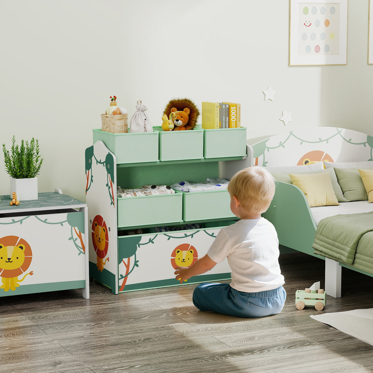 Meuble rangement enfant à 3 niveaux, étagère de rangement pour jouets enfants avec 6 boîtes en tissu amovibles, vert-1
