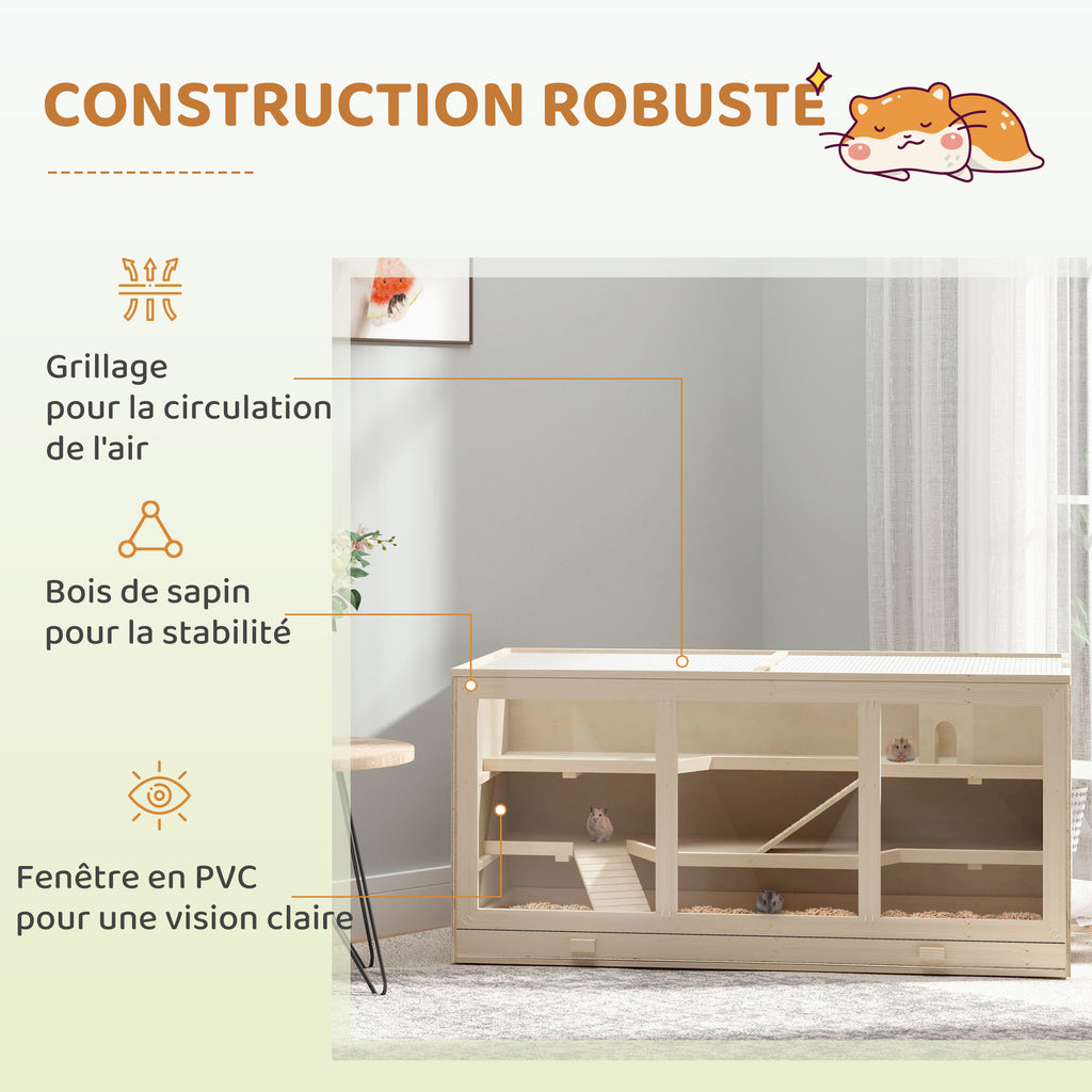 Cage à hamster cage gerbilles 2 niveaux toit ouvrable fenêtres cabane 2 échelle, 115 x 57 x 55 cm, effet bois naturel-4