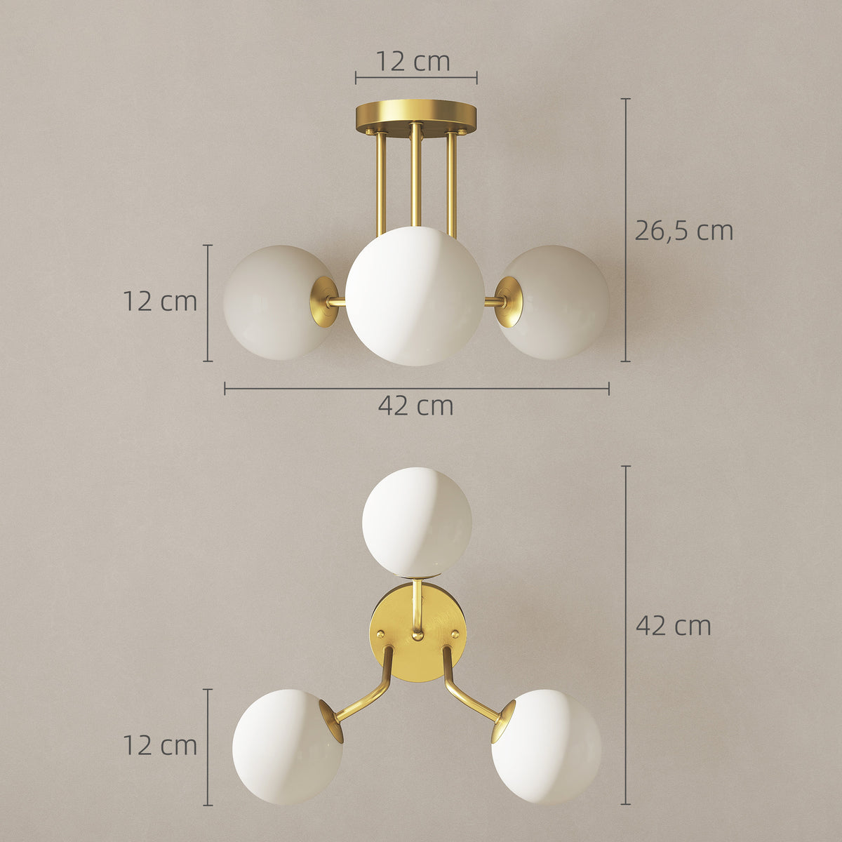 Plafonnier LED 25W, luminaire plafonnier 3 lumières avec douilles G9, abat-jour globe, 42 x 42 x 26,5 cm, doré-2