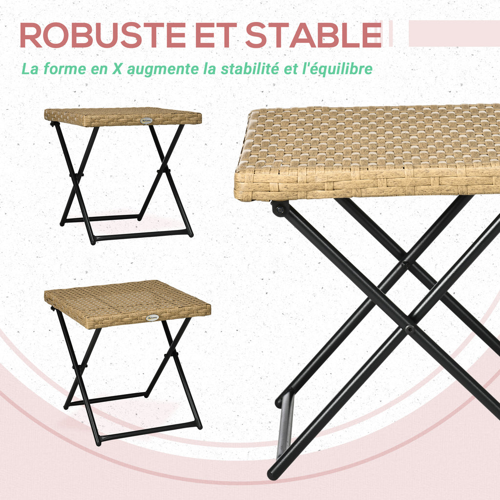 Table basse pliable de jardin style cosy chic dim. 40L x 40l x 40H cm métal époxy résine tressée bois naturel-5