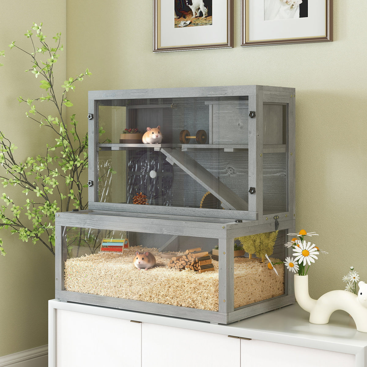 Cage Hamster en Bois, 3 Niveaux avec Cabane, Roue, Rampes, Panneau Transparent, Espaces Séparés, 80x50x84cm, Gris-9