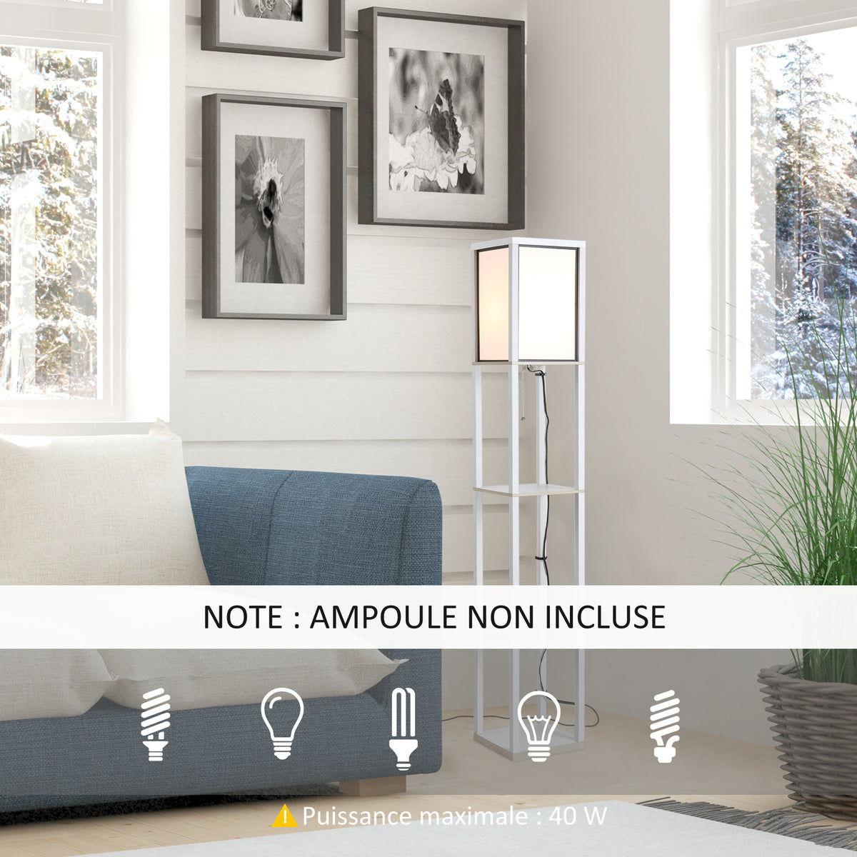 Lampadaire étagère 26L x 26l x 160H cm 3 étagères 4 Niveaux MDF Blanc-3