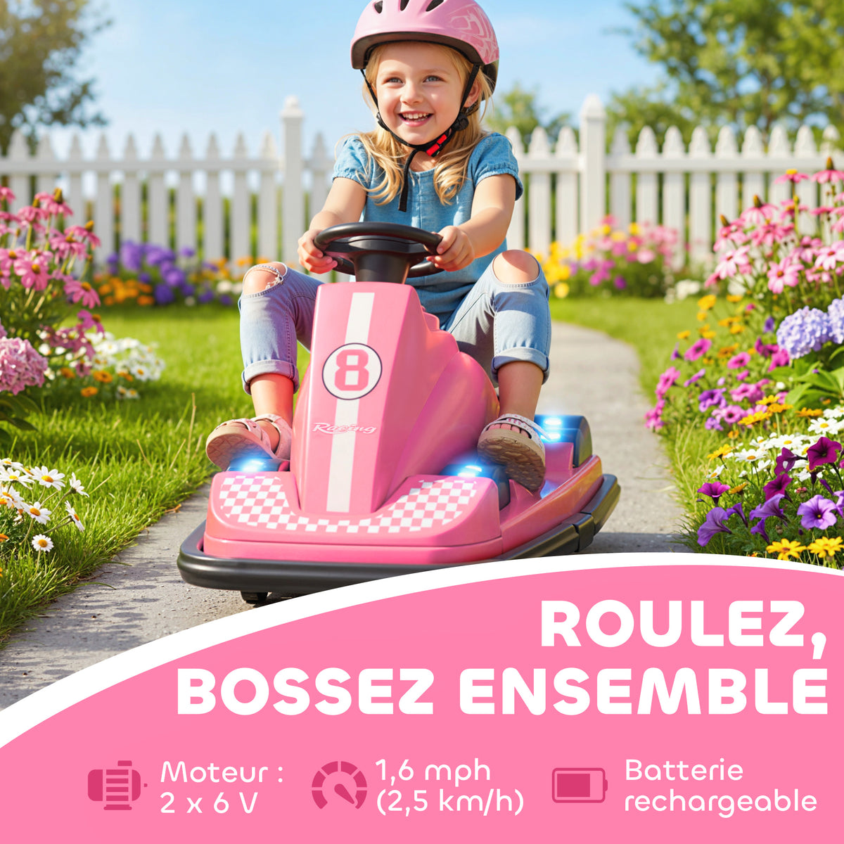 Auto-Tamponneuse Enfant 6V, Rotation à 360°, Musique, Klaxon, Démarrage Doux, 2,5 km/h, pour Âges 3-8, 74x53x48cm, Rose-3