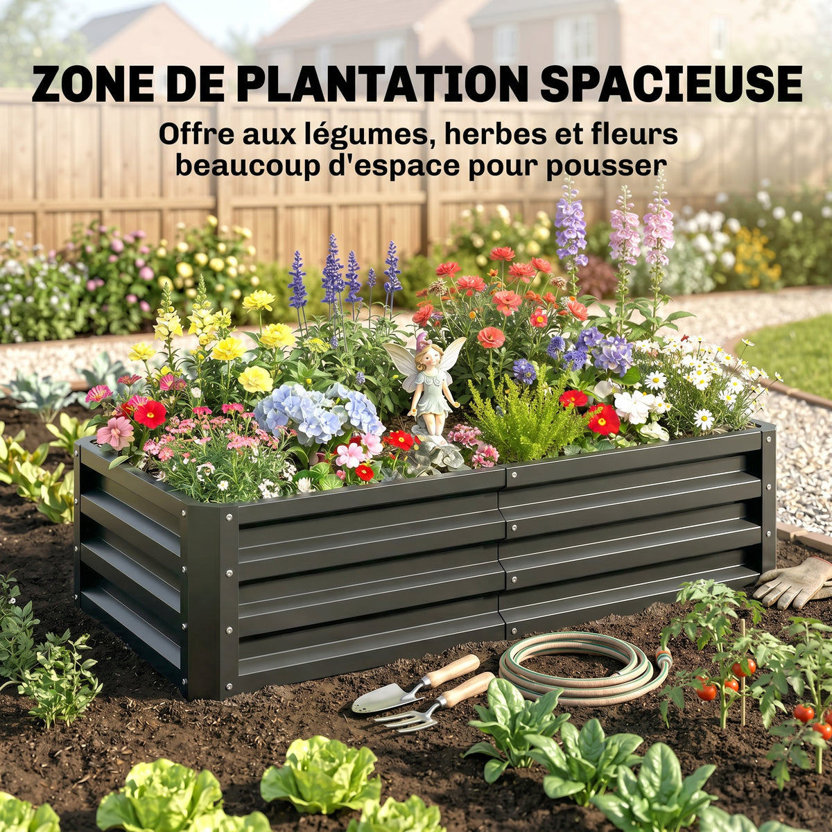 Carré potager de jardin rectangulaire tôle d'acier ondulée 120 x 60 x 30,5 cm gris-3