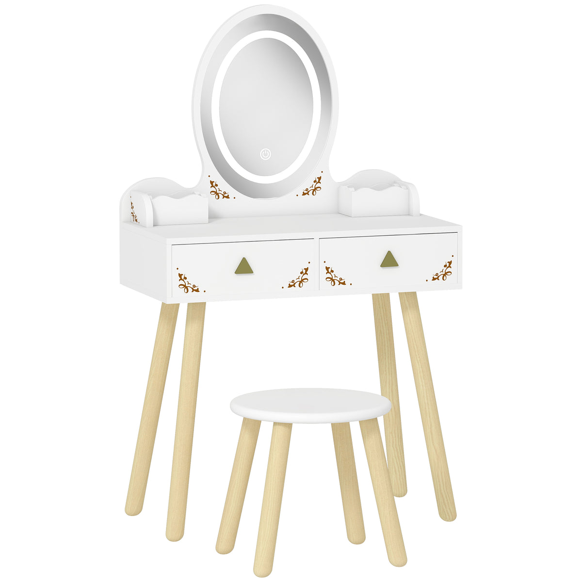 Coiffeuse pour enfant 2 en 1 bureau enfant fille avec miroir à LED 3 couleurs et tabouret 60x30x99,3 cm blanc-0