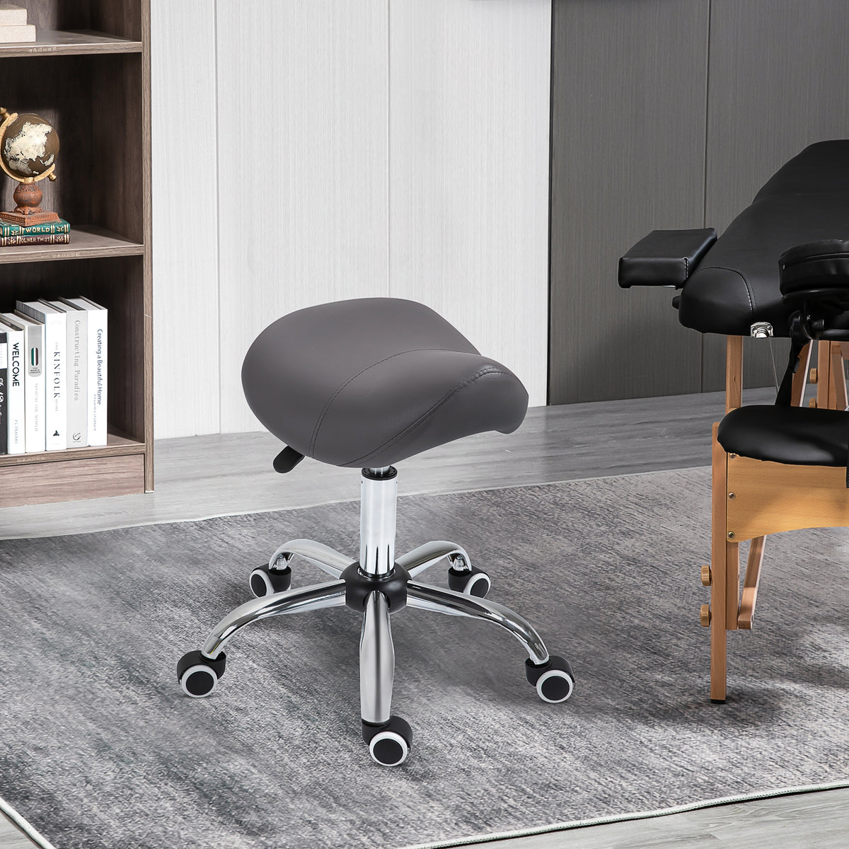 Tabouret à roulettes, tabouret de massage avec hauteur réglable 49-61 cm et selle ergonomique, chaise de travail à roulettes pivotant 360°, pour salon de massage tatouage clinique spa, gris-8