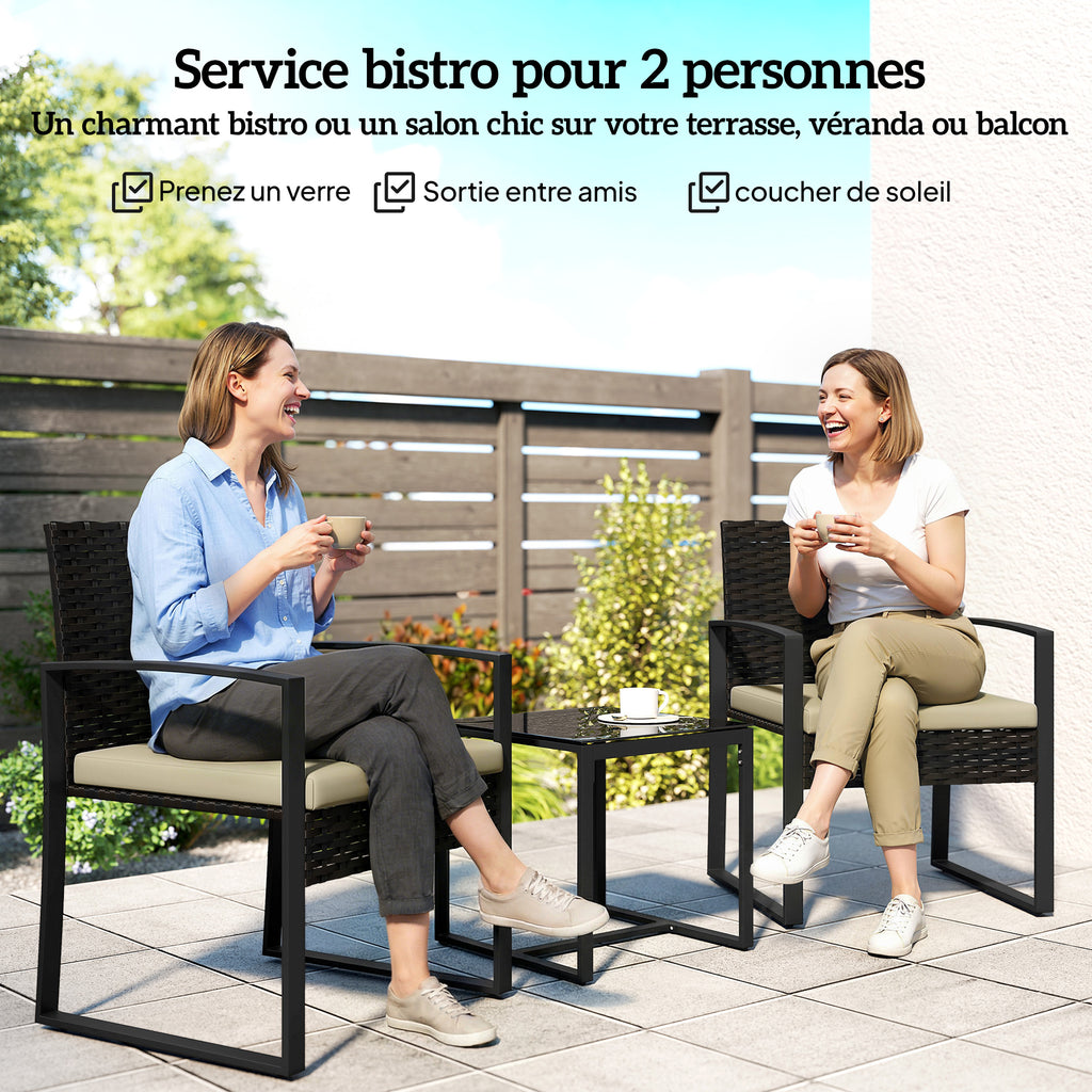 Salon de jardin extérieur en résine tressée 2 personnes, table de jardin avec 2 chaises, plateau en verre trempé, marron-3