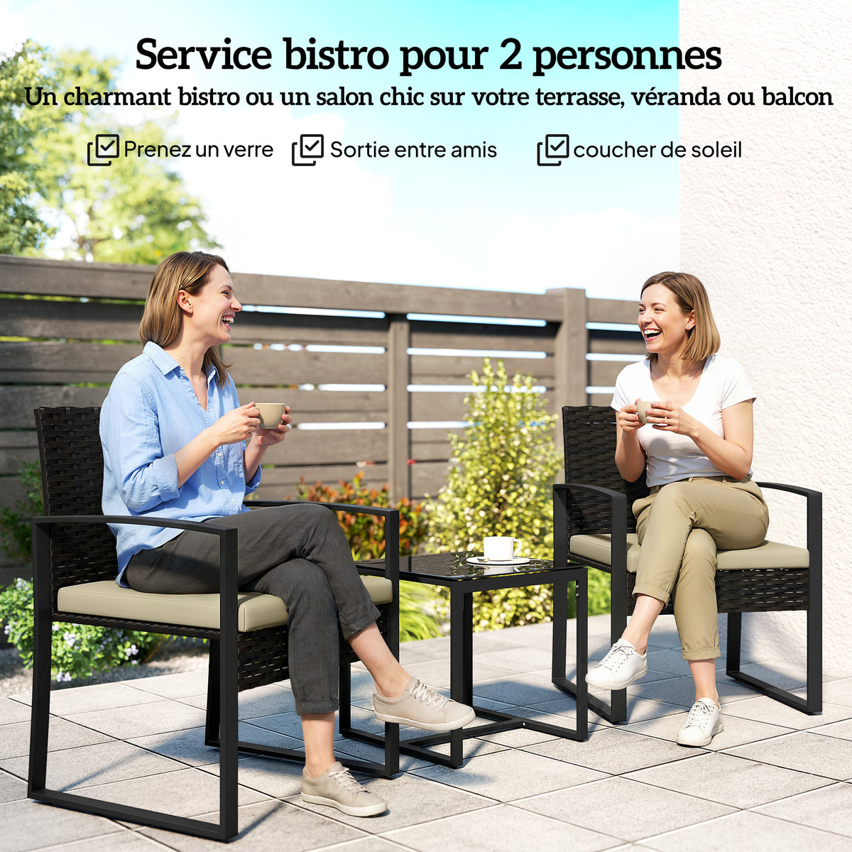Salon de jardin extérieur en résine tressée 2 personnes, table de jardin avec 2 chaises, plateau en verre trempé, marron-3