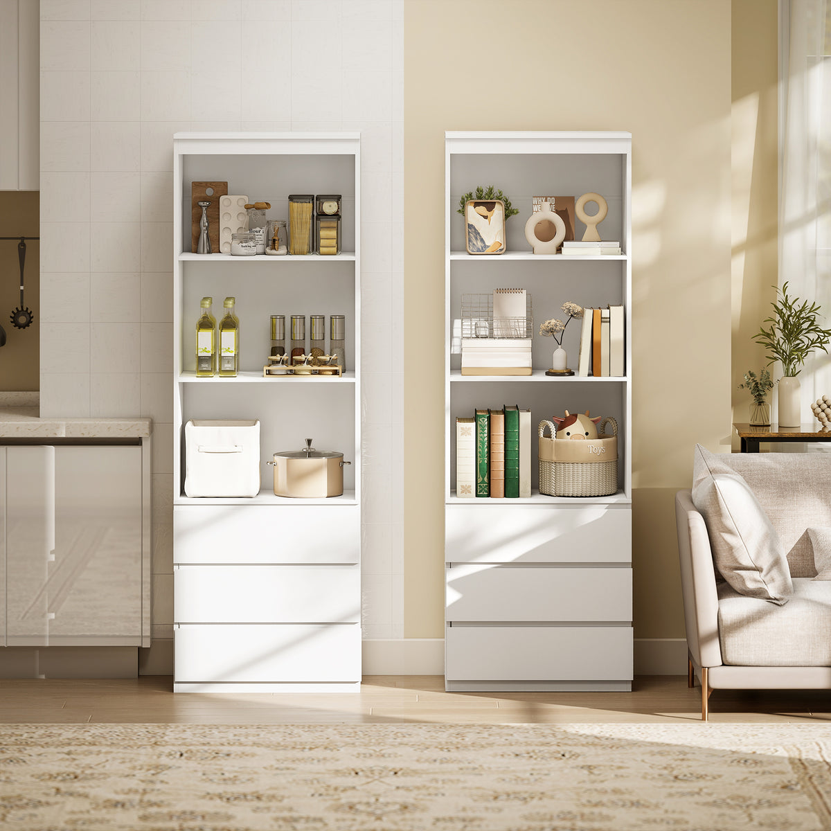 Bibliothèque haute de 180 cm avec 3 étagères et 3 tiroirs 60 x 35 x 180 cm en bois blanc-7