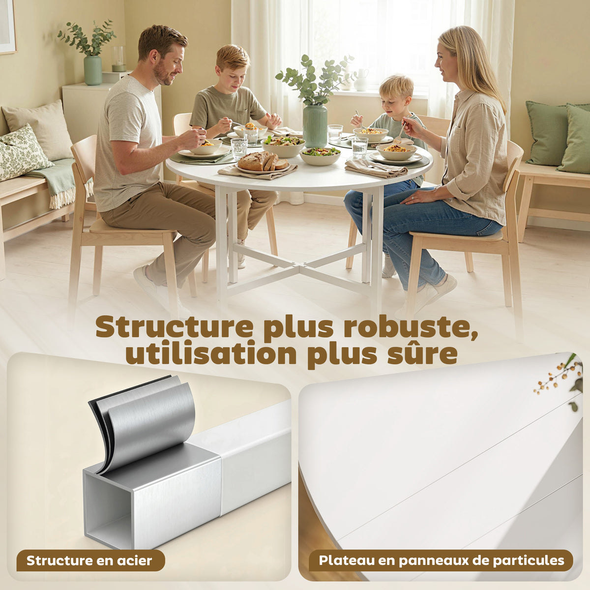 Table à manger pliante, table de cuisine ronde Ø 80 cm pour 4 personnes avec 2 abattants, pieds en acier, blanc-4