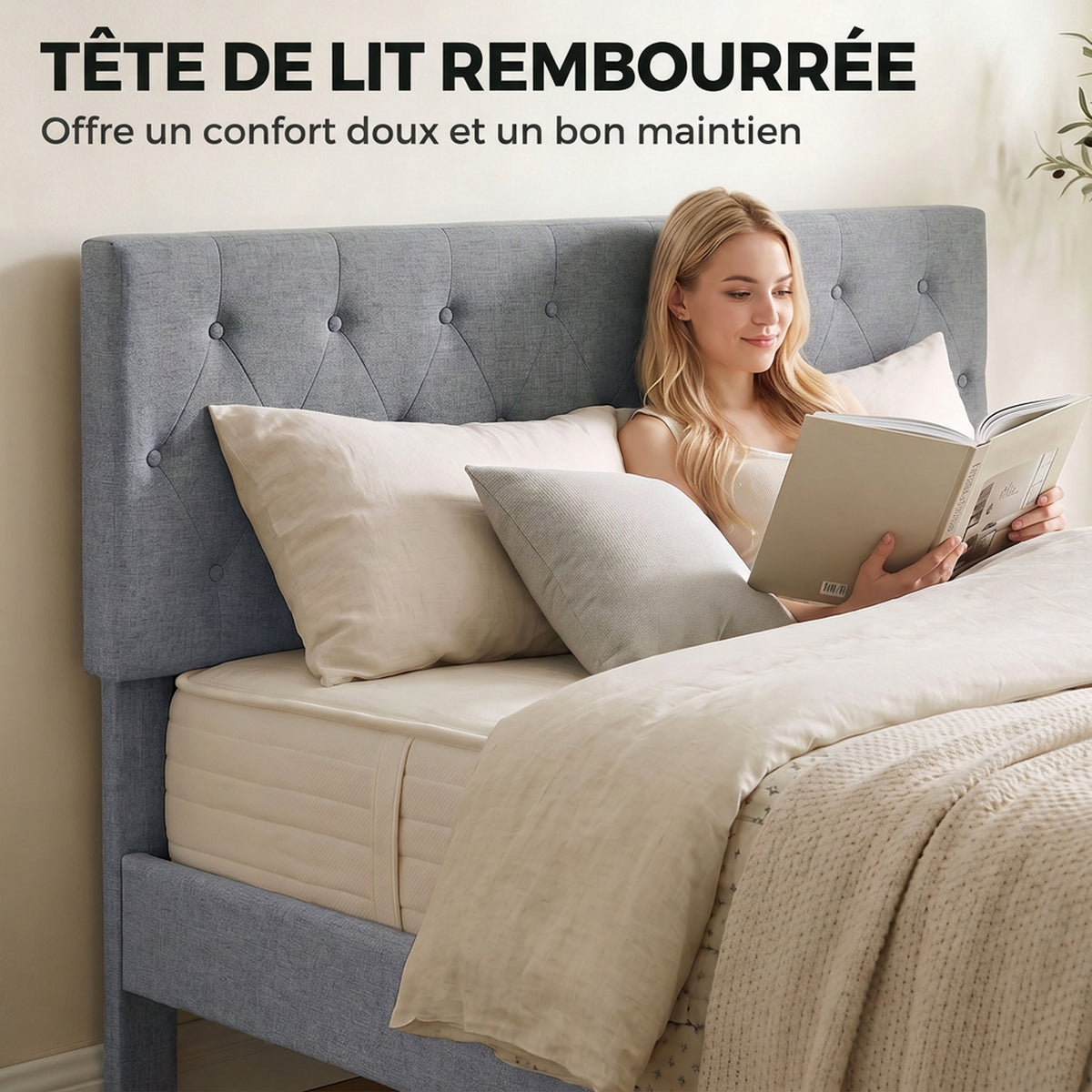 Cadre de Lit 140 x 190 cm avec Sommier, Lit Double Rembourré en Lin, Tête Capitonnée, Support à 10 Lattes, Gris-3