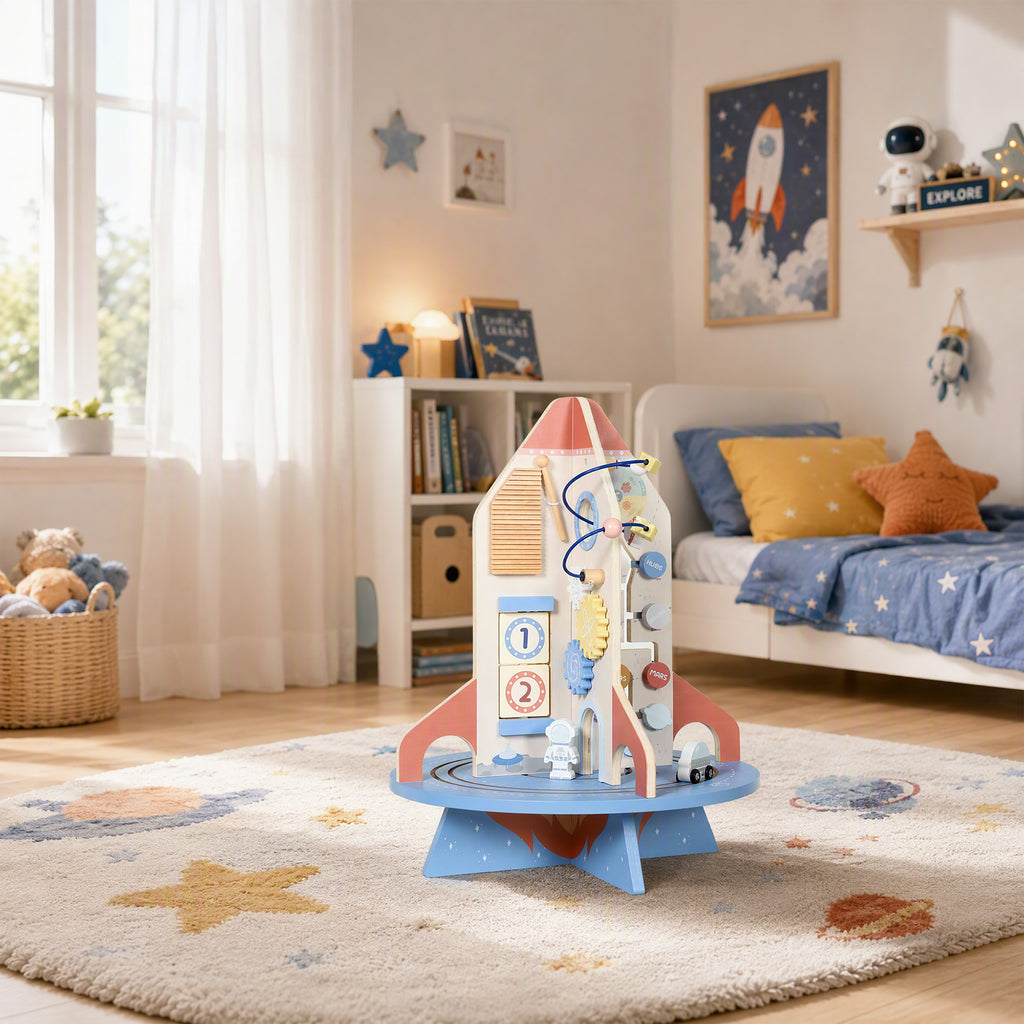 Cube d'Activités en Bois Thème Fusée, Cube Éducatif avec Trieur de Formes et Labyrinthe de Perles, pour 2 à 6 Ans-8