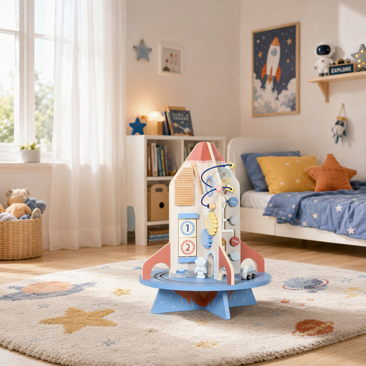 Cube d'Activités en Bois Thème Fusée, Cube Éducatif avec Trieur de Formes et Labyrinthe de Perles, pour 2 à 6 Ans-8