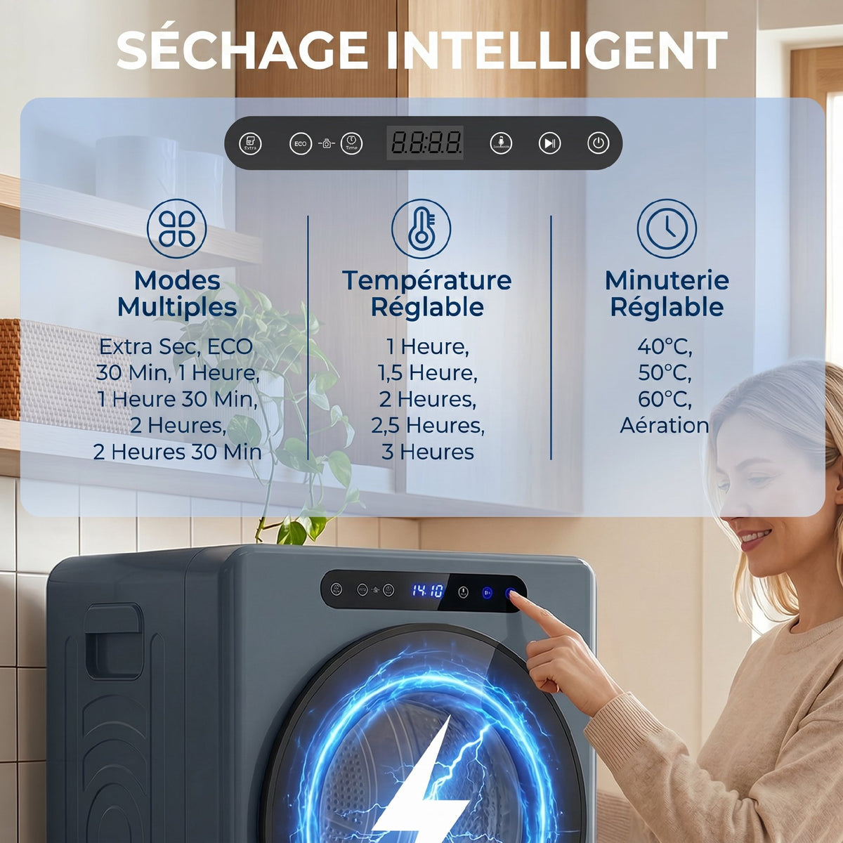 Sèche linge à évacuation, sèche-linge électrique 1000 W 3 Kg, modes Extra Dry et ECO, minuterie, acier inoxydable, bleu-3