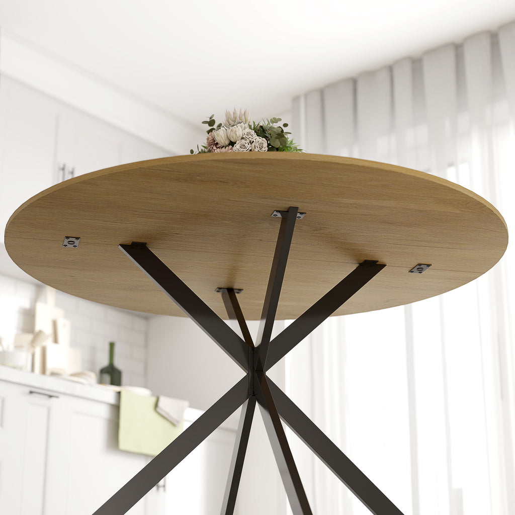 Table à Manger Ronde pour 4 Personnes 100 cm, Style Industriel avec Plateau Aspect Bois, Piètement Croisé en Acier Chêne-8