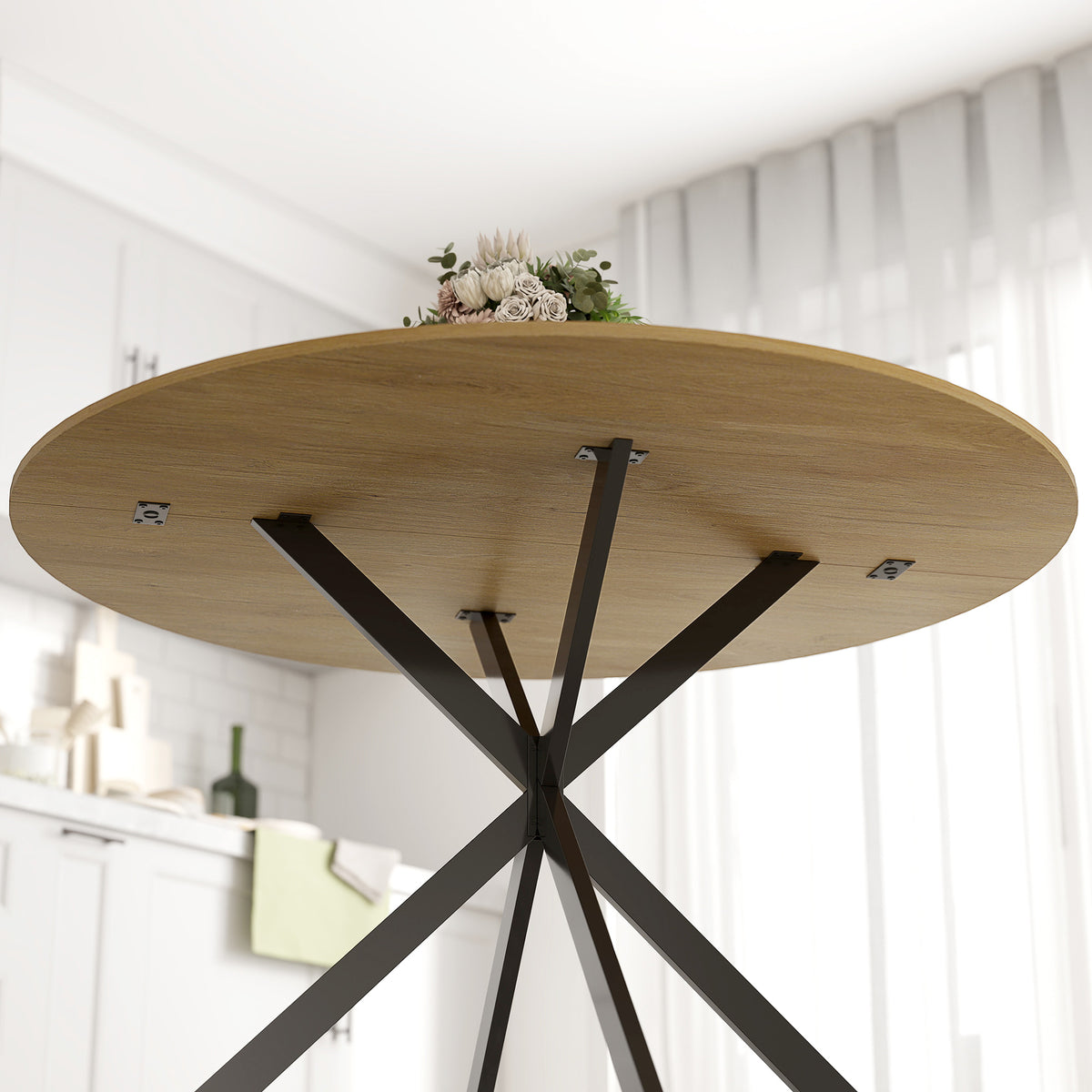 Table à Manger Ronde pour 4 Personnes 100 cm, Style Industriel avec Plateau Aspect Bois, Piètement Croisé en Acier Chêne-8