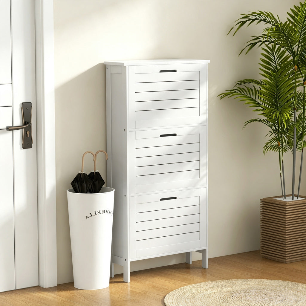 Meuble à Chaussures 6 Paires, Armoire à Chaussures Étroite Moderne, 3 Tiroirs Rabattables et Portes Persiennes, Blanc-1