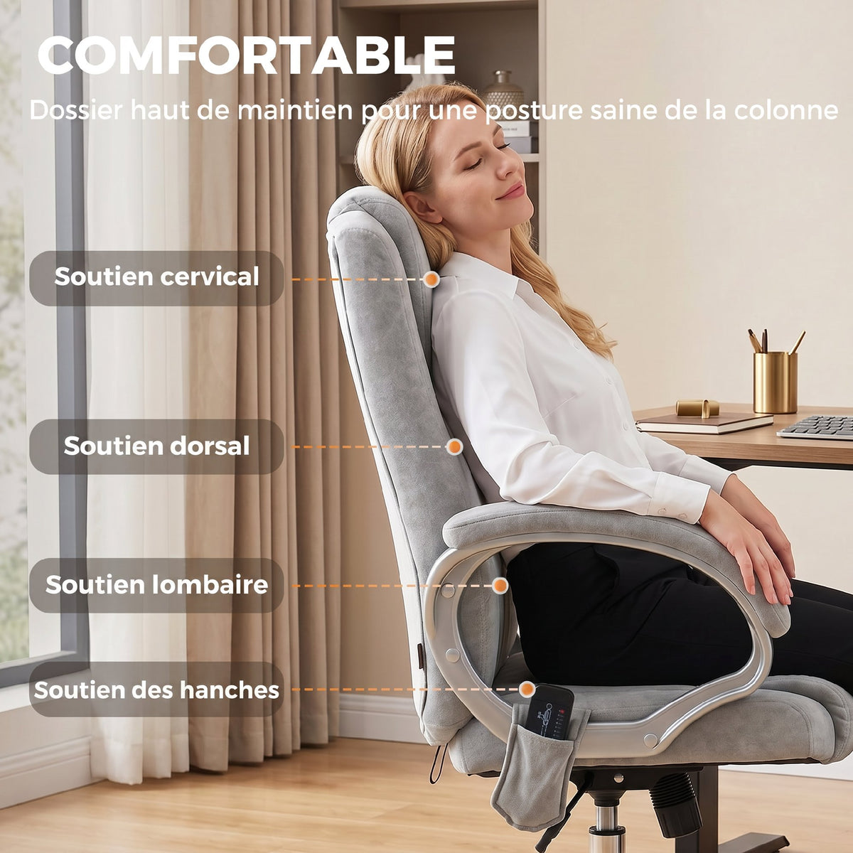 Fauteuil de Bureau Massant et Chauffant, Chaise de Bureau Ergonomique, Hauteur et Accoudoirs Réglables, Gris-4