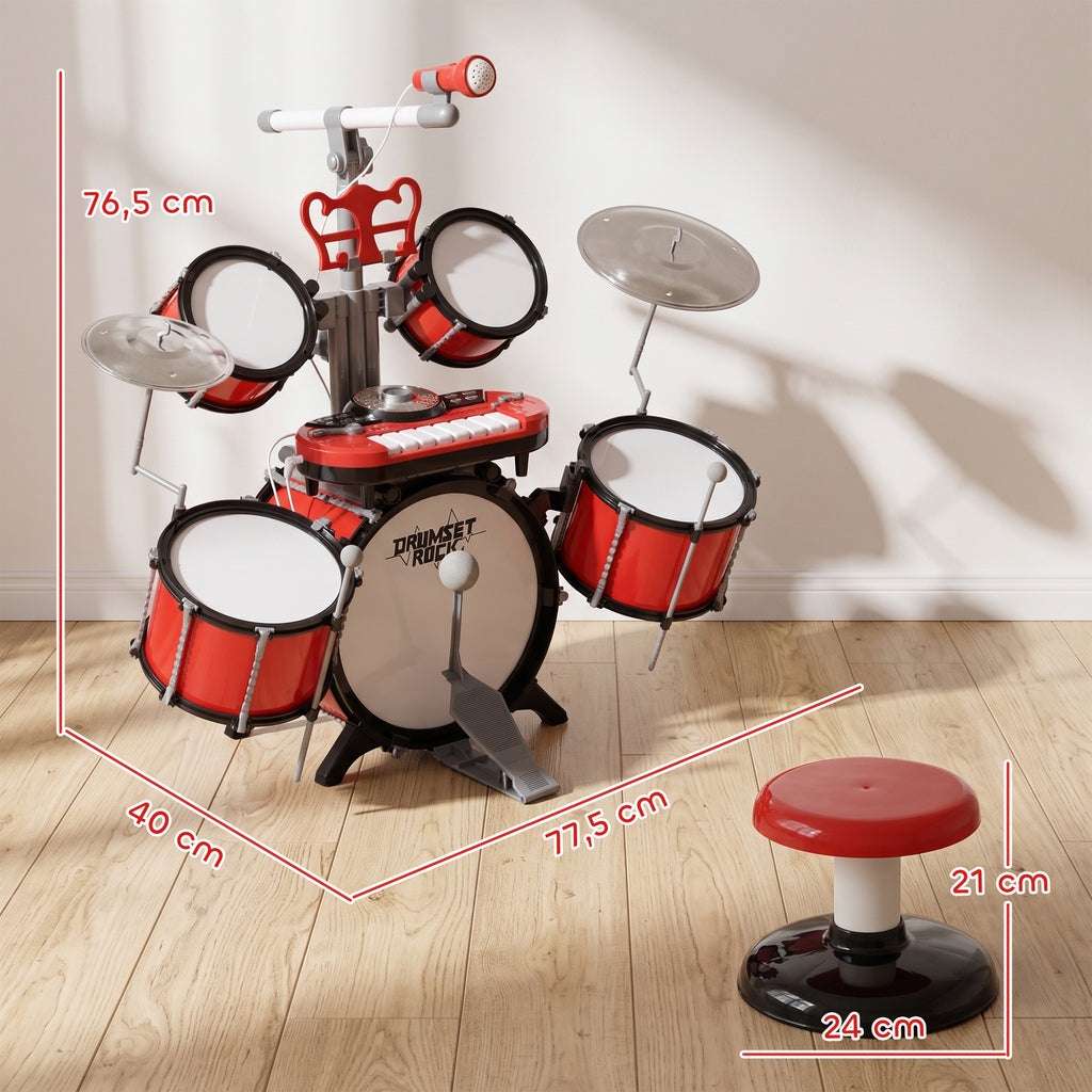Kit de Batterie pour Enfants avec Tabouret, Clavier Électronique, Microphone, Connecté via USB, 77,5x40x76,5cm, Rouge-2