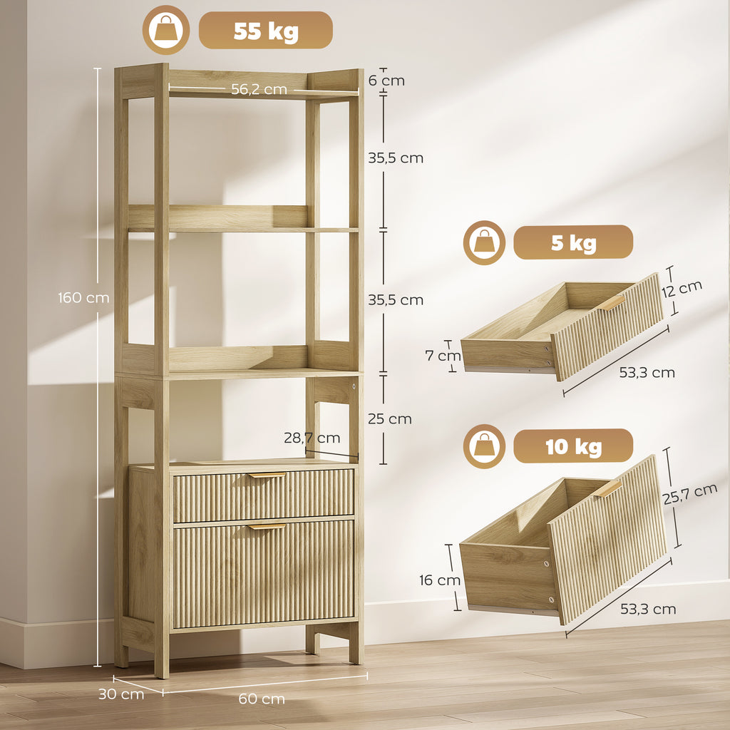 Bibliothèque haute, meuble de rangement avec 4 étagères ouvertes et 2 tiroirs cannelés, 60 x 30 x 160 cm, bois naturel-2