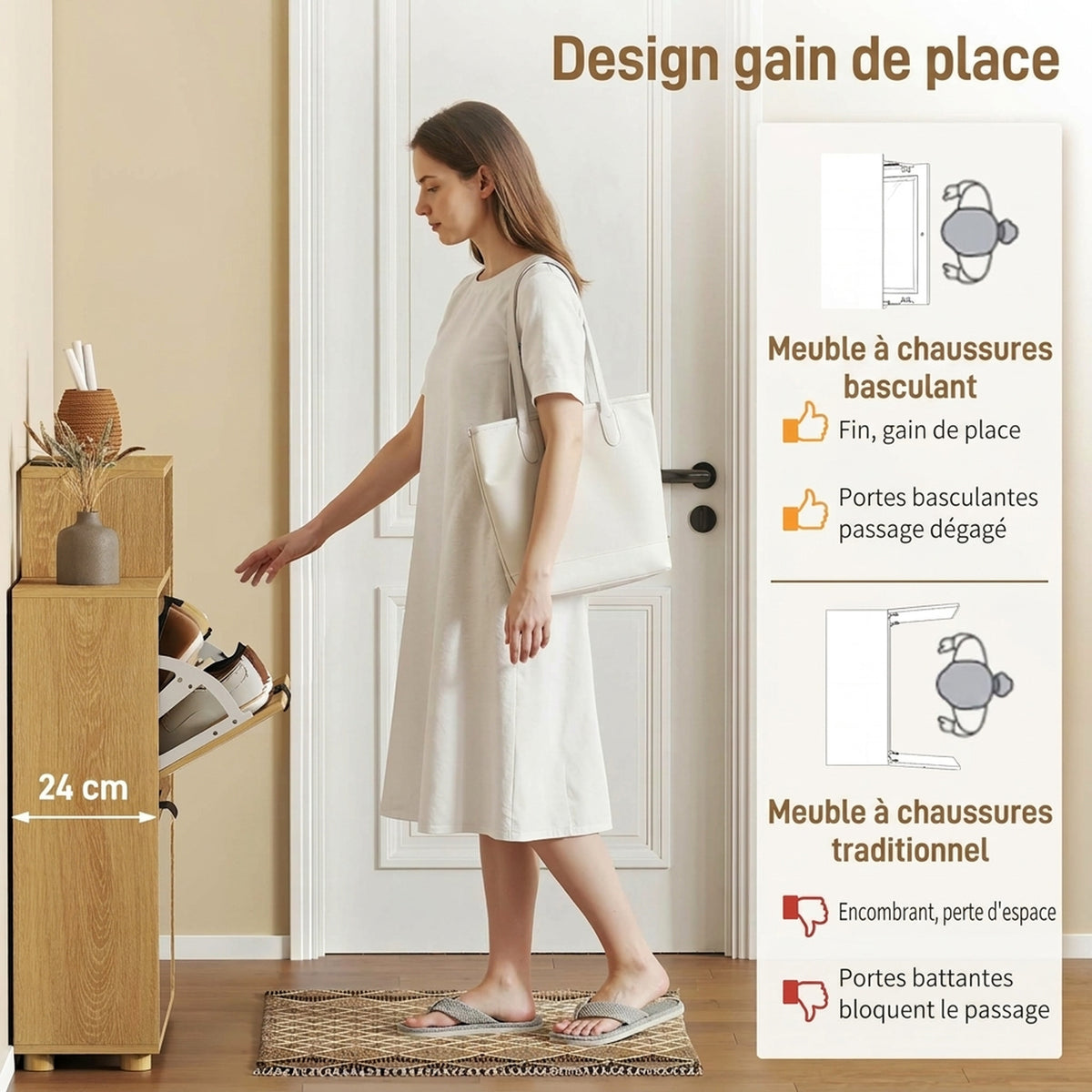 Meuble à Chaussures 10 Paires, Armoire à Chaussures, Portes en Miroir, 2 Tiroirs et Compartiments Ouverts, Chêne-4