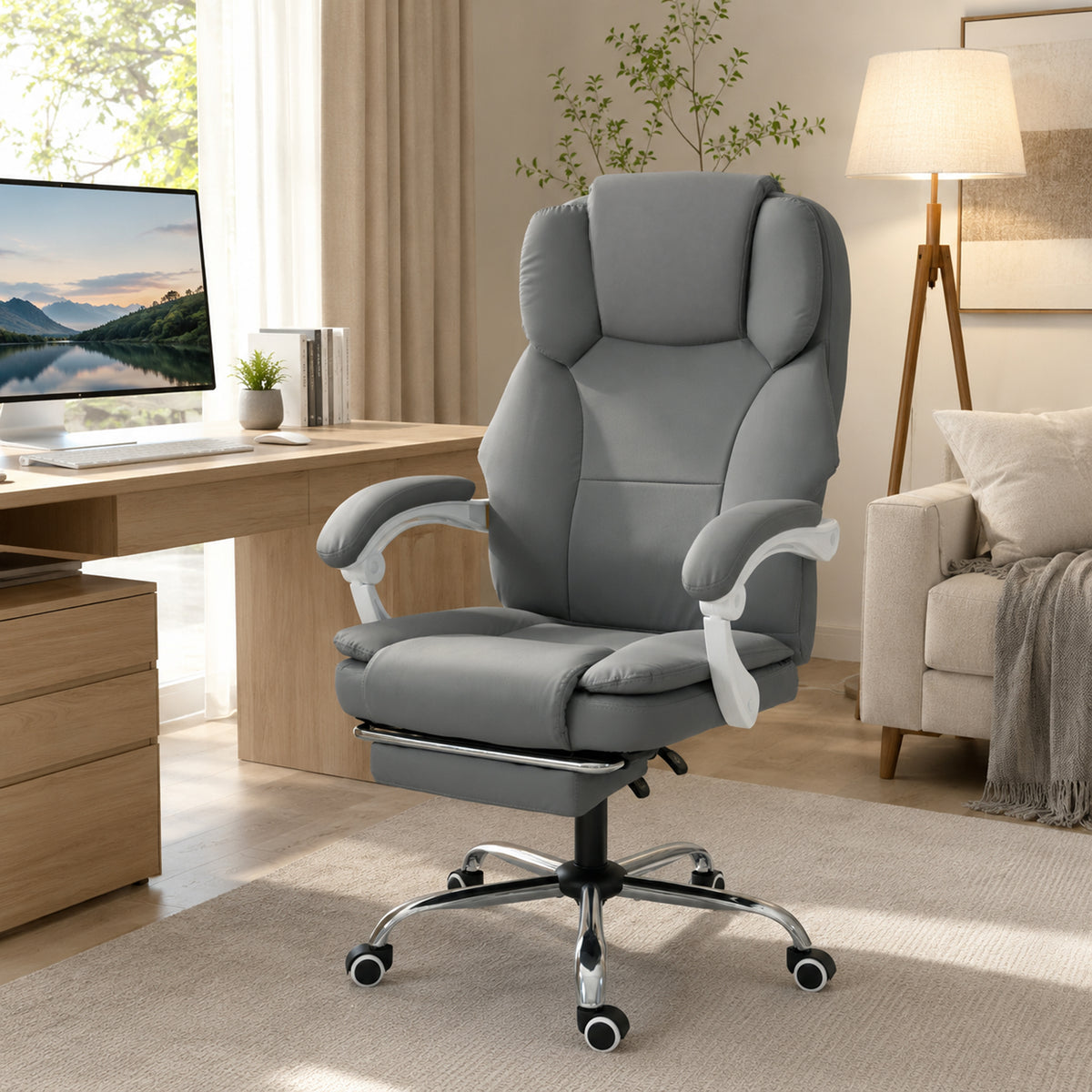 Chaise Bureau Ergonomique, Fauteuil de Bureau Inclinable en Cuir Synthétique Adapté aux Animaux, Hauteur Réglable, Gris-1