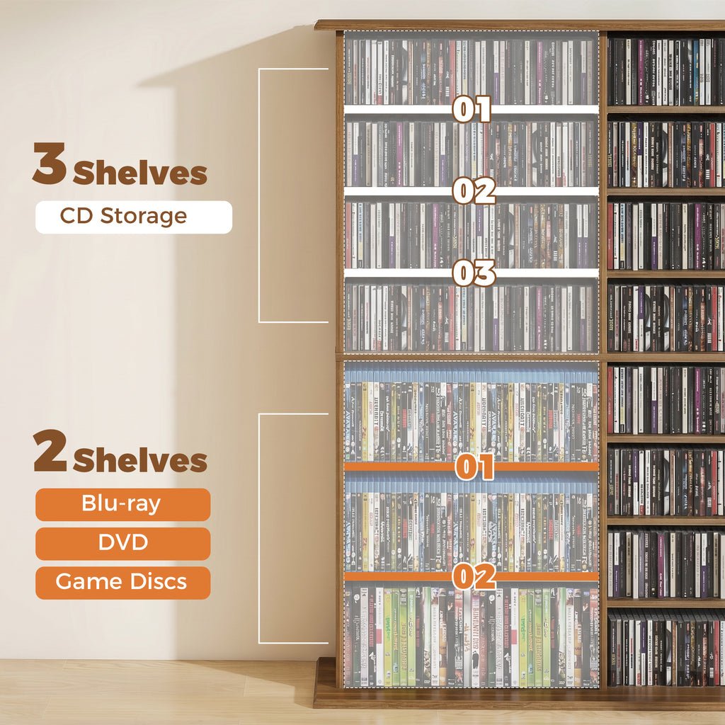 Rangements pour CD et DVD avec 16 compartiments et 12 étagères réglables capacité max. 720 CD/396 DVD et Blu-ray noyer-7