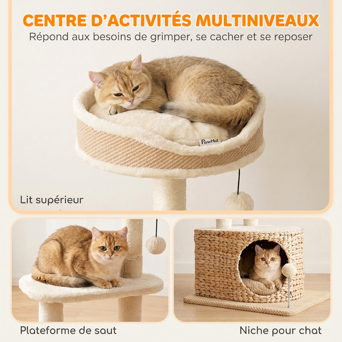Arbre à Chat Design Moderne Style Tressé avec Griffoir 4 Niveaux Niche en Massette Perchoir en Jute 87 cm Beige-3
