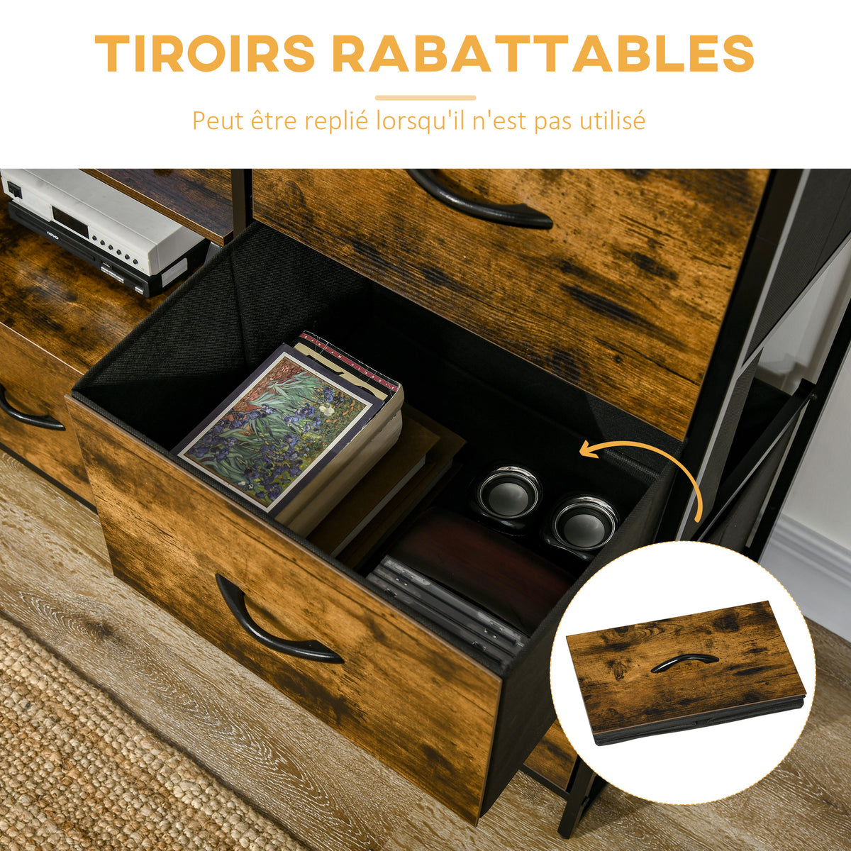 Meuble de rangement avec étagères et 3 tiroirs en tissu pliables amovibles, style industriel, dim. 44L x 40l x 155H cm-4