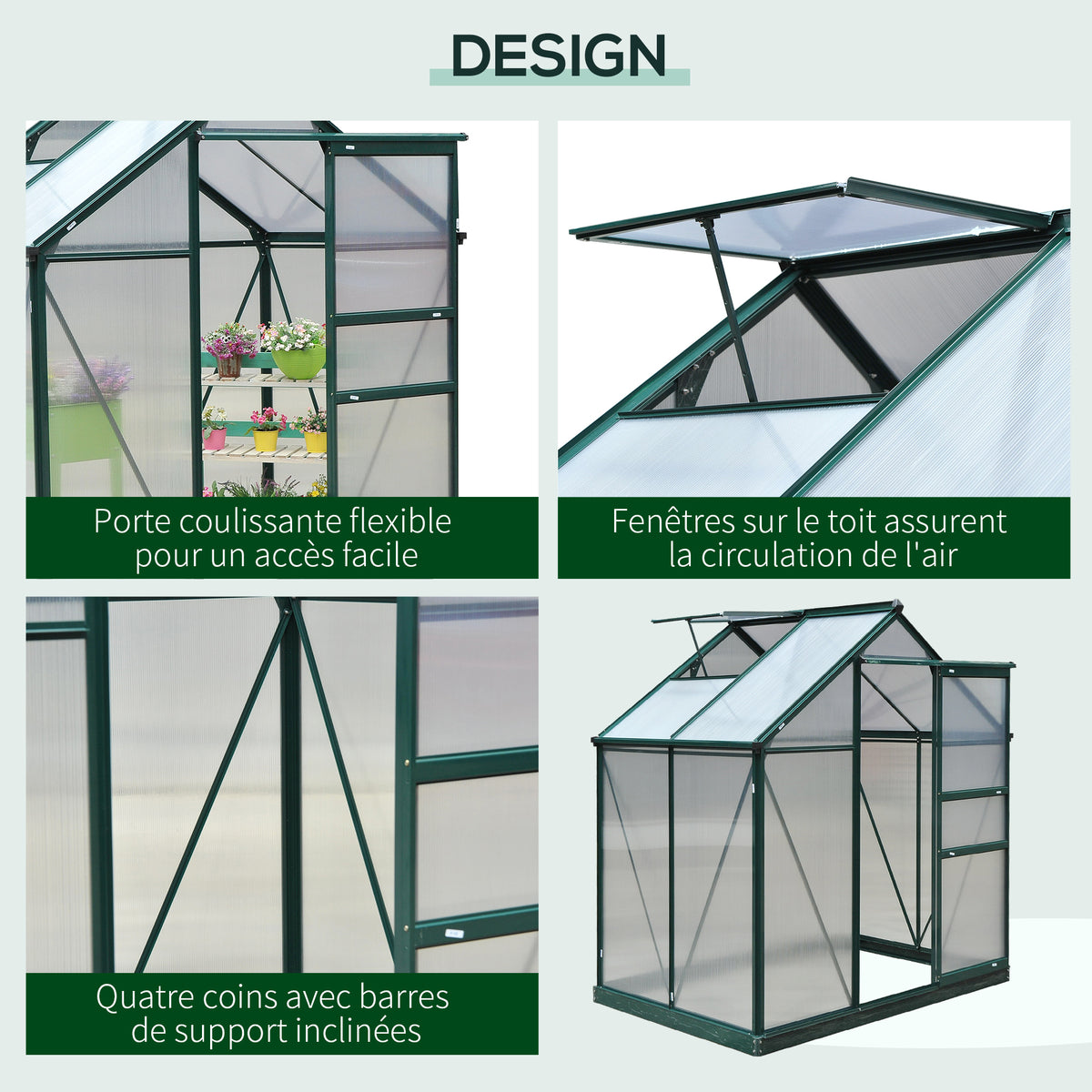 Serre de jardin polycarbonate 190 x 132 x 201 cm résistant aux UV 30+ fondation renforcé gouttière vert foncé-3